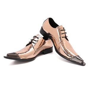 Mannen Snake Skin Shiny Gold Lederen Bruiloft Derby Punte Toe Schoenen Klassiek Staal aan Heren Oxford Gentleman Sapato Social