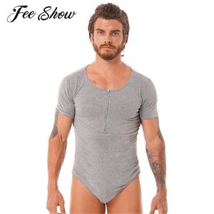 Hommes doux à manches courtes avant fermeture éclair body justaucorps t-shirt décontracté couleur unie bouton-pression entrejambe combinaisons hommes barboteuse costumes 220708