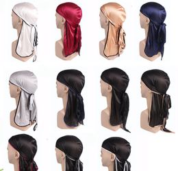 Mannen Solid Headwear Hoofdband Piraat Silky Durag Lange Staart Headwrap Satijn Ademend Bandana Hat Tulband Pruik Accessoires GB807