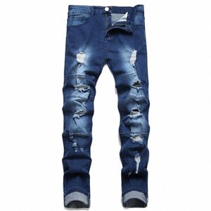 Mannen Splitsen Gaten Retro Blauw Biker Skinny Jeans Broek Hip Hop Street Style Mannelijke Stretch Denim Broek Voor mannen W8G4 #