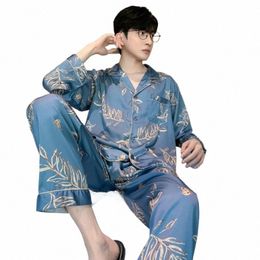 Men de printemps automne pyjamas glace en soie lg pyjamas 2024 Nouveau revers coréen imprimerie imprimé somnifère lâche occasionnel wear s28i # #