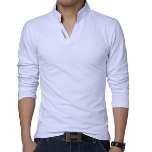 Mannen Spring Katoen T-shirt Man Solid Color Tshirt Mandarin Collar Lange Mouw Top Brand Slim Fit Tee Shirts 5XL