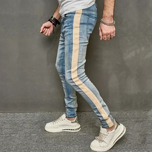 Men Spring élégant patchwork slim jeans crayon pantalon mâle streetwear couleur solide pantalon de jean décontracté 240322