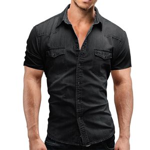 Mannen lente zomer denim dunne shirt korte mouw zachte katoen twee zakken slanke elastische elastische jeans cowboy kleding 210721