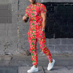 Men Spring Summer Northeast Big Flower korte mouw T -shirt en broek Chinese mode etnische stijl herenkleding set 240401