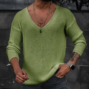 Hommes printemps col en V côtes bas T-shirts pull automne à manches longues Slim Fit Tees hauts simple décontracté plaine mince chemise en tricot 240307