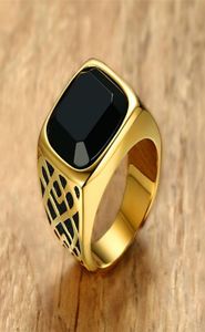 Men Square Black Carnelian semi-précieux anneau de pierre en pierre en or en acier inoxydable pour mâles pour mâles anillos accessoires 2043603