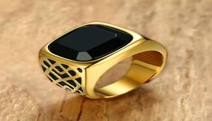 Men Square Black Carnelian semi-précieux anneau de pierre en pierre en or en acier inoxydable à la tonalité pour mâle anillos accessoires 7269856