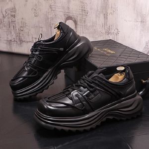 Hommes tête carrée chaussures en cuir semelle épaisse à lacets chaussures décontractées Version coréenne tendance blanc plate-forme chaussures hommes D2H55