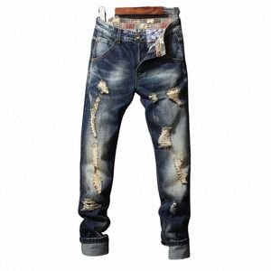 Hommes empilés Jeans déchirés Streetwear jambe droite Vintage pantalon en jean distré Vintage Boyfriend Plus taille 28-40 pantalon punk f2Rg #