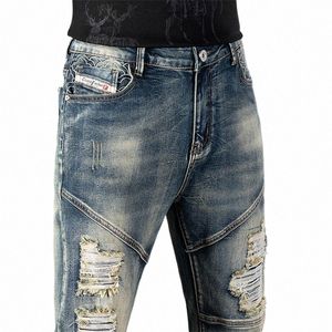 Mannen gestapelde slim fit gescheurde geborduurde jeans High Street Vintage Distred denim broek patchwork Y2K punk gebreide broek w71z #