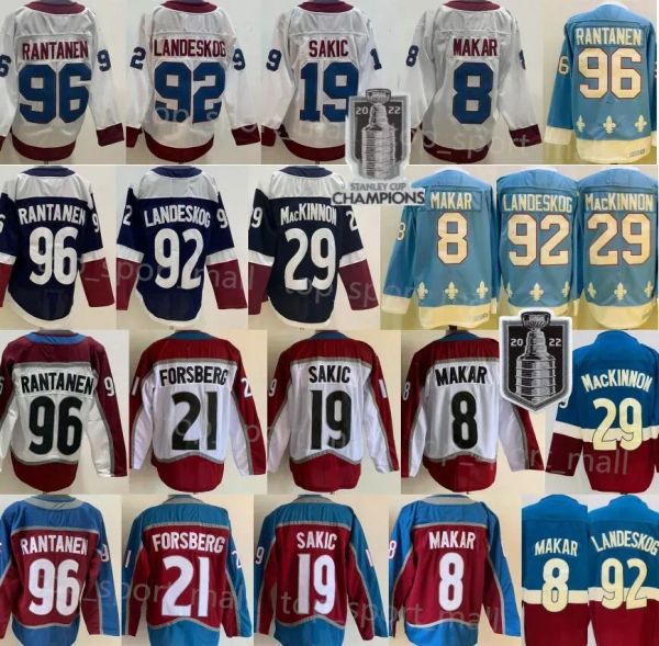 Hommes Finale de la Coupe Stanley Hockey 8 Cale Makar Jersey 29 Nathan Mackinnon 92 Gabriel Landeskog Mikko Rantanen Joe Sakic Peter Forsberg Bleu Blanc 85