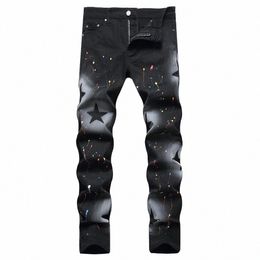Hommes Star Painted Jeans Noir Stretch Denim Slim Pantalon droit Streetwear Pantalon imprimé Z9pi #
