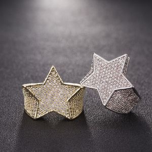 Men Star Ring 18 K Copper Charm Gold Silver Color Full Zircon Fashion Hip Hop Rock Jewelry 227S