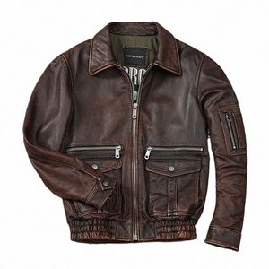 Hombres Ste Distred chaqueta de cuero genuino nueva capa superior de cuero de vaca chaquetas de vuelo de la fuerza aérea Vintage Fi Redbrown Corium Coat D2se #