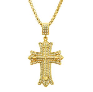 Hombres Acero Iced HipHop Cruz Collar Cadena 18K Oro Lleno Jesús Colgante