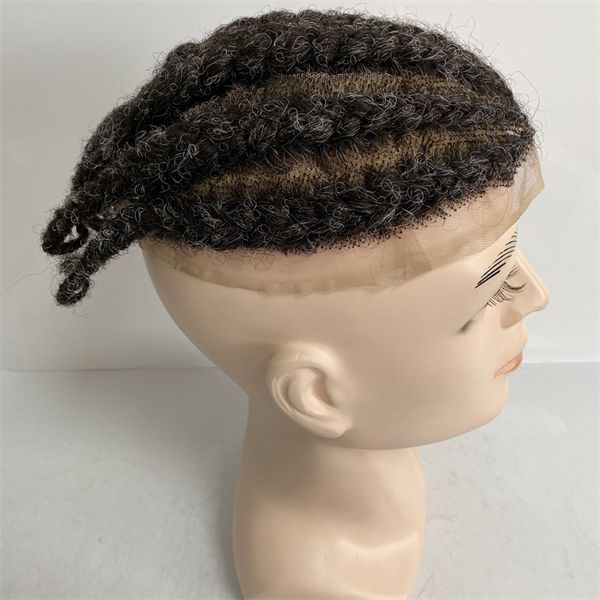 Cabello humano virgen indio Peluca Raíz Afro Maíz Trenzas # 1b / gris Tupé de encaje completo para el viejo Blackman