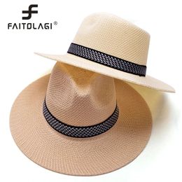 Men Straw Hat Fashion Ribbon Casual Cowboy Jazz Cap Women Male Summer Trendy Beach Zon Hoeden Solid Color Fedoras Gangster Caps 240326