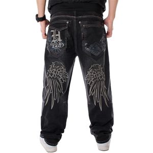 Mannen Street Dance Hiphop Jeans Mode Borduurwerk Zwart Los Board Denim Broek Overall Male Rap Hip Hop Plus Size 30-220302