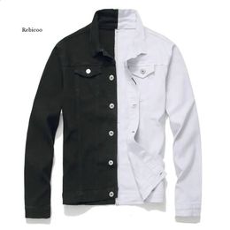 Hommes streetwear noir blanc bilariers patchwork slim jackets en jean moteur hip hop coton vestes en jean décontractées manteaux 240311