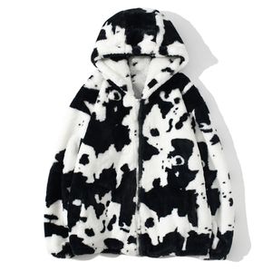 Men Streetwear Cow Print Zipper Cardigan Hooded Coats Autumn Winter Harajuku Losse paarjacht Outdary Hoodie Lambswool Jacket 201127
