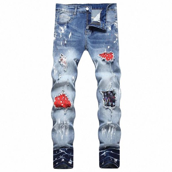 Hombres Streetwear Denim Jeans Fr Chinese Drag Imprimir parches Pantalones Agujeros pintados Ripped Slim Tapered Stretch Pantalones w69c #