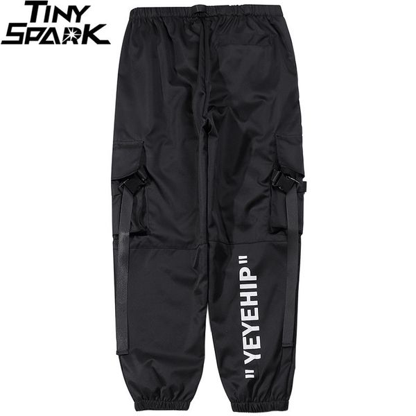 Hombres Streetwear Hip Hop Black Cargo Pantalones Bolsillos Harajuku Harem Pantalones Swag Ribbon Joggers Pantalones HipHop Sweetpants Pantalones LJ201104