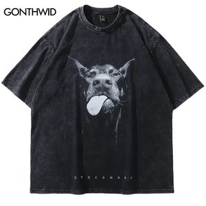 Ropa de calle para hombre, camiseta de gran tamaño de Hip Hop, divertida camiseta con gráfico de perro Doberman, camiseta negra lavada Vintage, camiseta Harajuku de algodón 240103