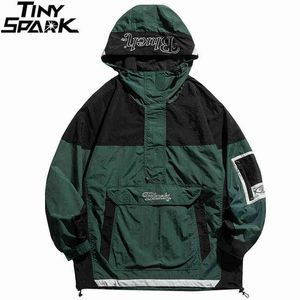 Hommes Streetwear Veste Manteau Hip Hop Couleur Bloc Patchwork Coupe-Vent Cargo Veste Pull 2021 Harajuku À Capuche Survêtement Veste Y1106