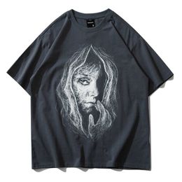 Mannen Streetwear Retro Schets Portret Prented T-shirt Korte mouw oversized vrouwen T-shirt Harajuku Gothic Katoen Tops Tees 210527