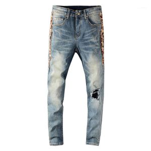 Jeans pour hommes hommes Streetwear Skinny hommes côté imprimé léopard Patchwork trous déchiré Slim Stretch Denim Pants1