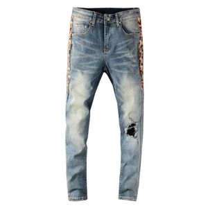 Hommes Streetwear jean moulant hommes côté imprimé léopard Patchwork trous déchiré jean mince maigre Stretch Denim Pants231B