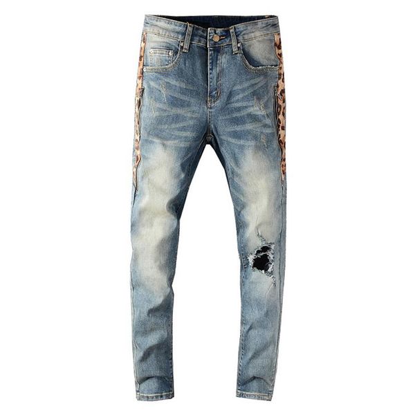 Hommes Streetwear jean moulant hommes côté imprimé léopard Patchwork trous déchiré jean mince maigre Stretch Denim Pants331Z