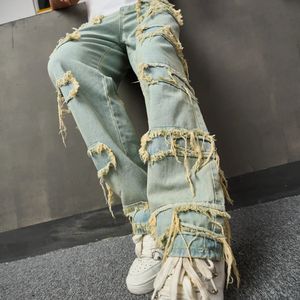 Mannen streetwear stijlvolle gescheurde patch losse jeansbroek mannelijke casual rechte denimbroek 240126