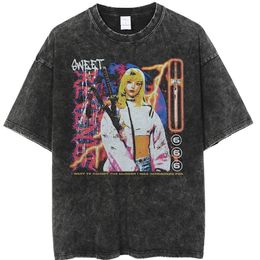 Mannen Streetwear T-shirt Hip Hop Schilderen Meisje Gedrukte T-shirt Harajuku Katoenen Tops Tees Korte Mouw Vintage Gewassen T-shirt 220812