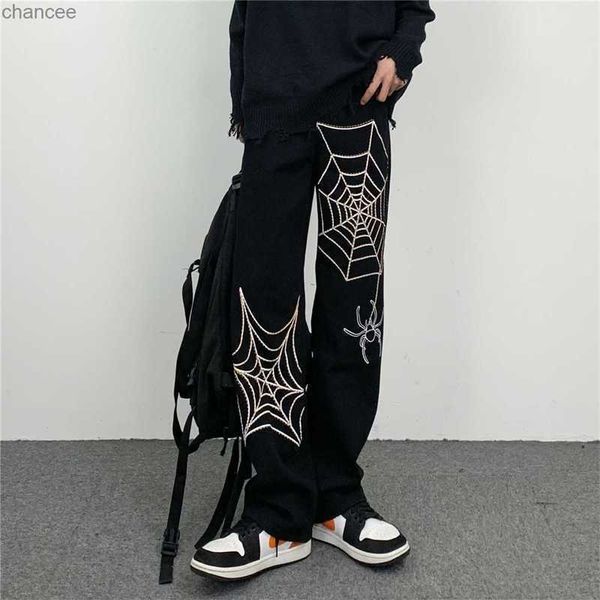 Hommes Streetwear Vibe Style jambes larges Baggy Jeans toile d'araignée broderie droite Jeans décontractés pantalon Denim pantalon mâle Rap Hip HKD230831