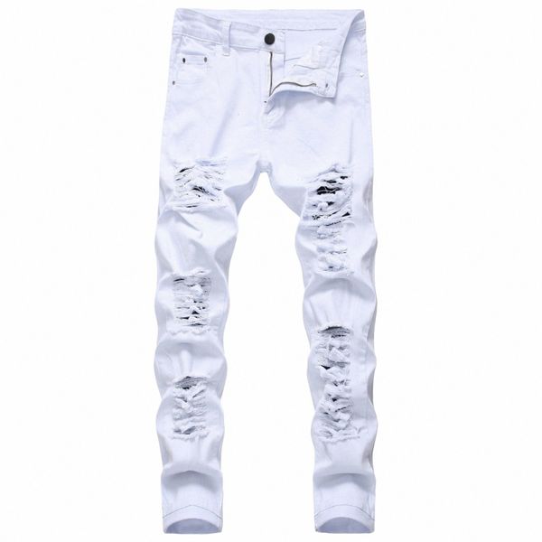 Hommes Stretch Denim Jeans Trou Ruiné Noir La plupart du temps Ragged Hommes Ripped Casual Summer Regular Plus Size Jeans o32A #