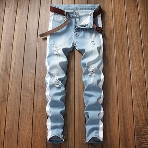 Hommes Stretch jeans côté rayure biker jeans denim déchiré genoux trous slim souper skinny hip hop jeans hommes 210318