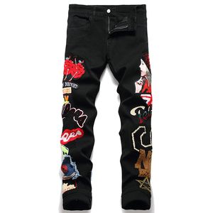 Pantalones vaqueros negros ajustados elásticos para hombre, pantalones con parches de belleza bordados para primavera y otoño, pantalones pitillo rasgados estilo Punk callejero