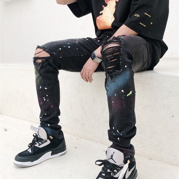 Pantalones vaqueros negros pintados ajustados elásticos para hombre, pantalones vaqueros de motociclista con paneles de calle alta, pantalones de Hip Hop para hombre de motocicleta de gran tamaño para hombre YC