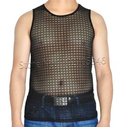 Débardeur en dentelle extensible pour hommes, sous-vêtements, gilet Jacquard, chemise creuse en dentelle transparente, sans manches, hauts à la mode