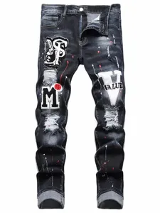 Mannen Stretchy Ripped Skinny Biker Borduren Carto Print Jeans Vernietigd Gat Slim Fit Denim Hoge Kwaliteit Hip Hop Zwarte Jeans q9l6#