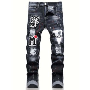 Heren stretchy gescheurd mager bikerborduurwerk cartoon print vernietigd gat slim fit denim hoge kwaliteit hiphop zwarte jeans