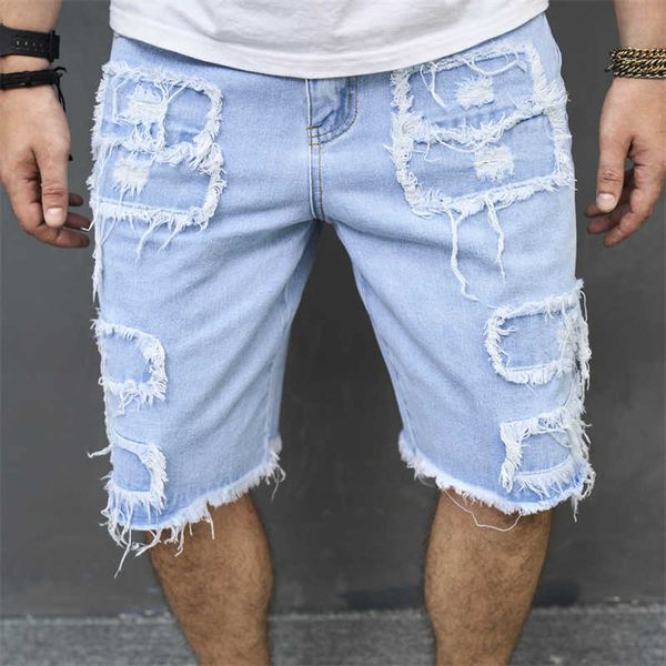 Jeans pour hommes coupe ajustée déchiré Denim Shorts élégant trous solide décontracté droit été Streetwear hommes cinq points pantalon