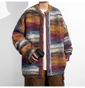 Suéter a rayas para hombre, jerseys informales elásticos de manga larga, jersey de punto de retales Harajuku, Top cálido, ropa de marca de moda 240130
