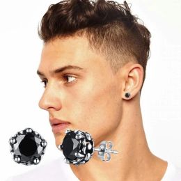 Boucles d'oreilles à tige pour hommes, or blanc 14 carats, 9mm, rondes noires, CZ, bijoux pour hommes en noir et blanc