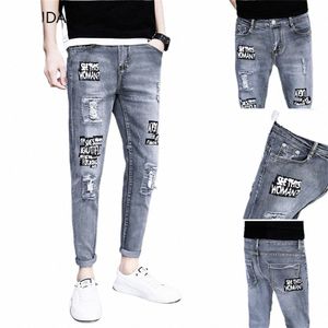 Hommes élégant déchiré jean pantalon Biker maigre mince droit effiloché Denim pantalon nouveau Fi jean skinny hommes vêtements pantalons mâle F09A #