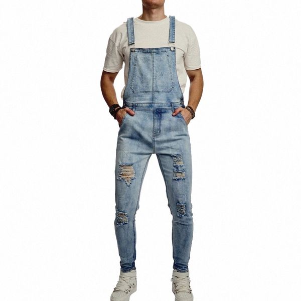 Hommes élégant Ripped Slim Motorcycle Jeans Salopette Salopette Jeans Homme Casual Stretch Salopette Biker Strap Denim Pantalon g5lF #