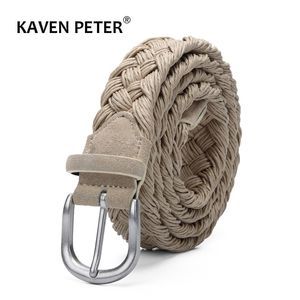 Ceinture en cuir suédé pour hommes avec sangle tressée en corde de cire Boucle en argent antique sans trous Ceintures de travail manuel en coton tissé Beige T200113