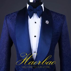 Suit des hommes 2 pièces Classic Navy Blue Jacquard Wedding for Tuxedo beau pantalon slim fit tenue 231221